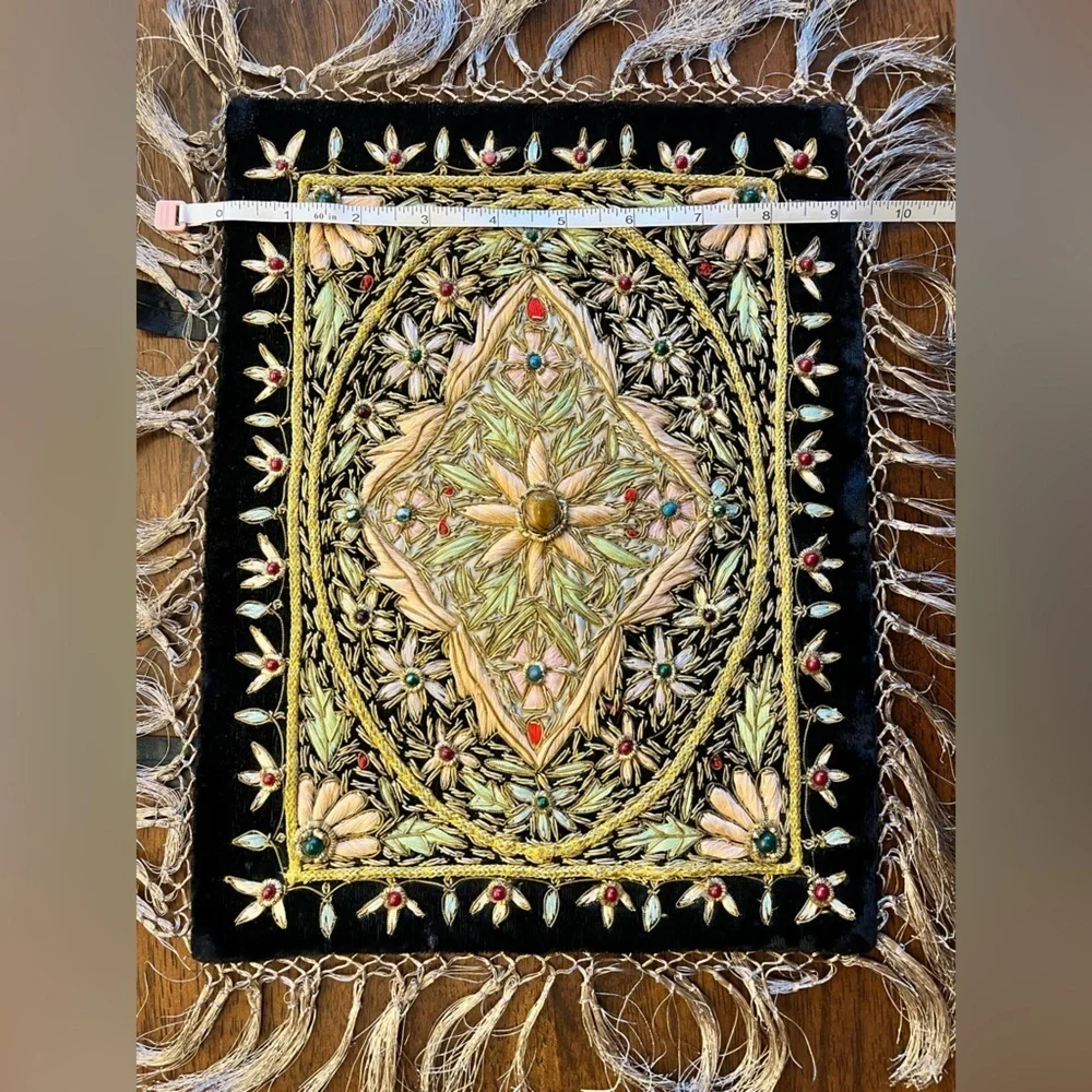 Handmade Zardozi Embroidered Wall Hanging Velvet Gold Tapestry 12x9 Indian Boho
